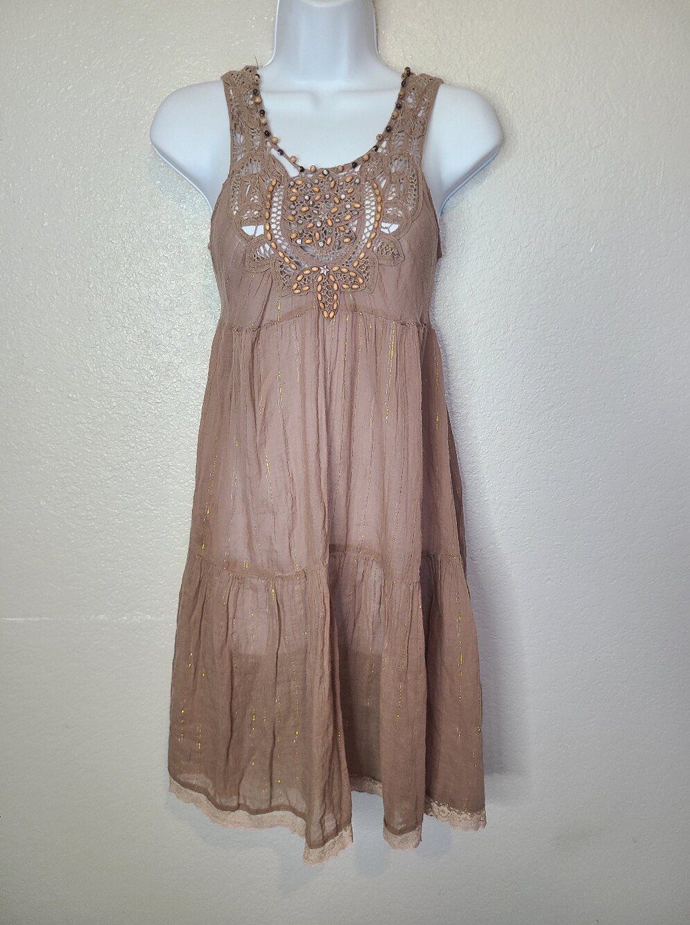 Free People Urban Renewal One-Of-A-Kind Beaded Dress Lace Trim Gauze Boho Rare